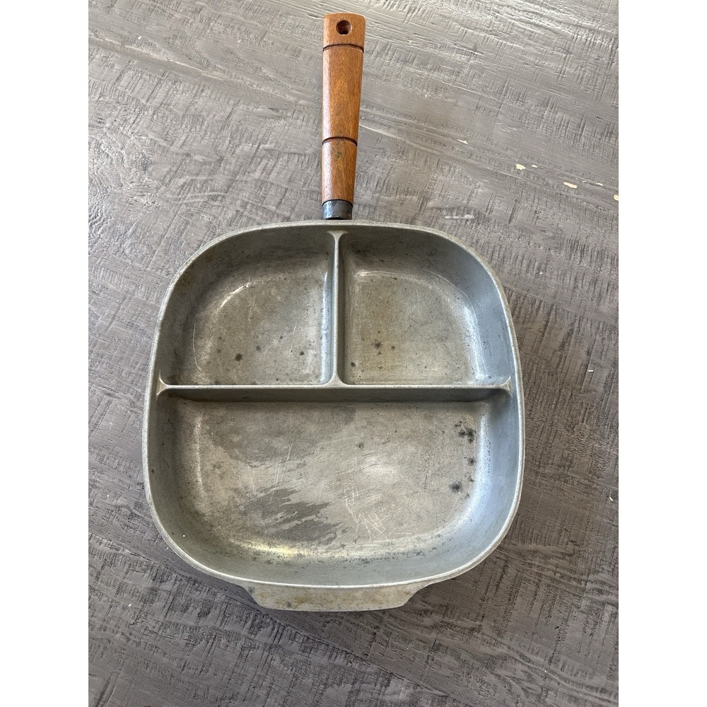 Vintage Nordic Ware Tri-Pan #2 Aluminum Divided Skillet Fry Pan USA Wood Handle